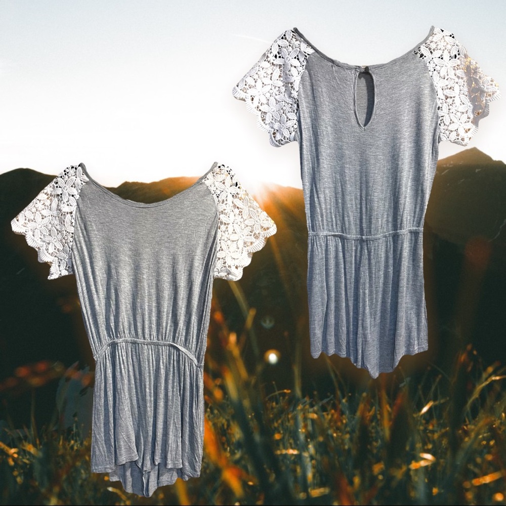 Soft Grey Romper with Crocheted sleeves & keyhole back- Sz S/M